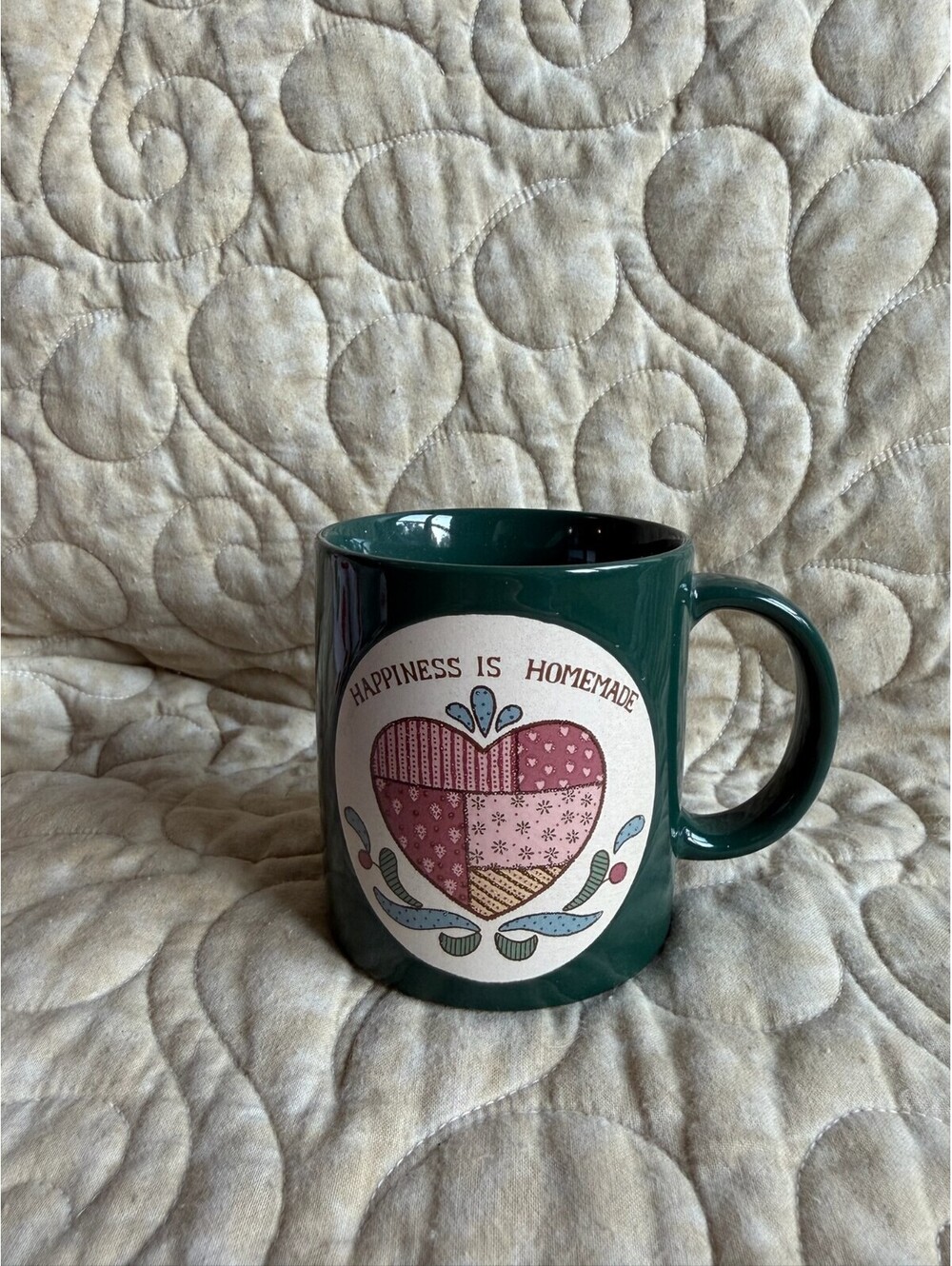 Vintage Green Happiness Is Homemade Patchwork Design Mug